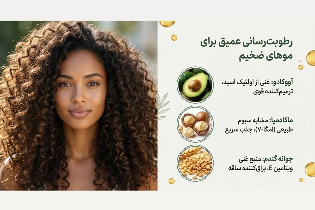 روغن های آووکادو، ماکادمیا و جوانه گندم به عنوان رطوبت رسان برای موهای وز ضخیم و خشک