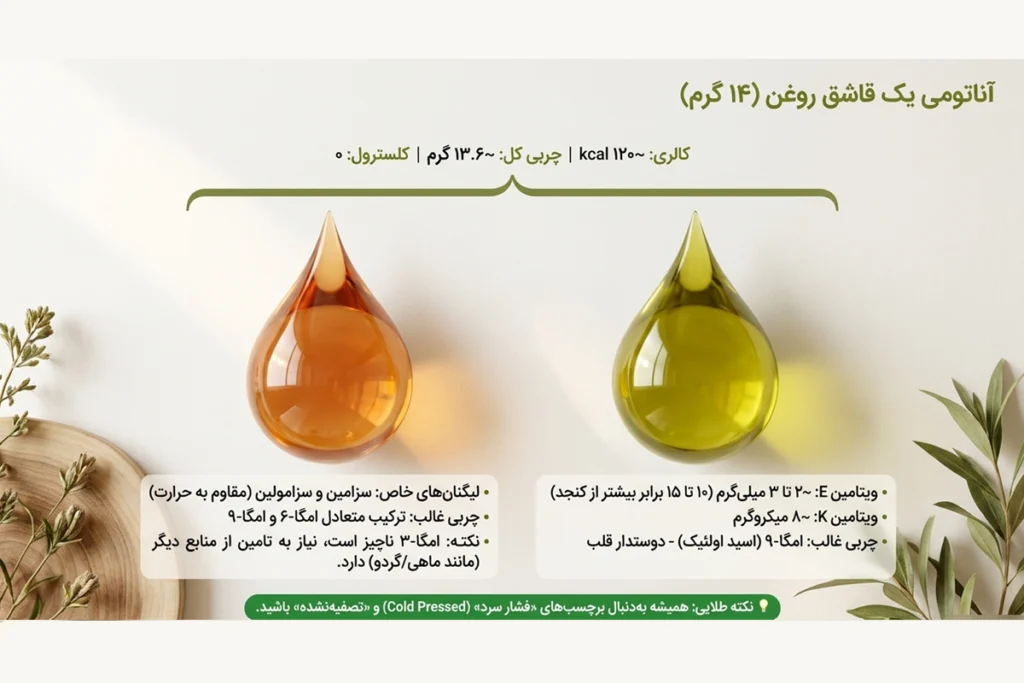 مقایسه ارزش غذایی روغن کنجد و روغن زیتون