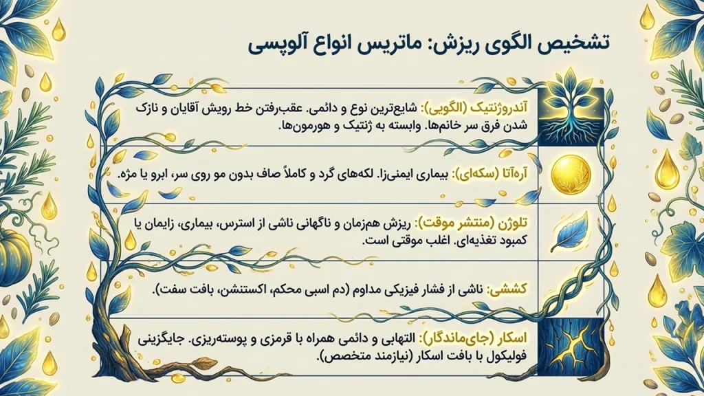 روغنهای گیاهی برای آلوپسی؛ راهنمای کامل استفاده از ۸ روغن برای تقویت پوست سر و کاهش ریزش مو • آبان ۲ام, ۱۴۰۵ انواع آلوپسی و الگوهای مختلف ریزش مو