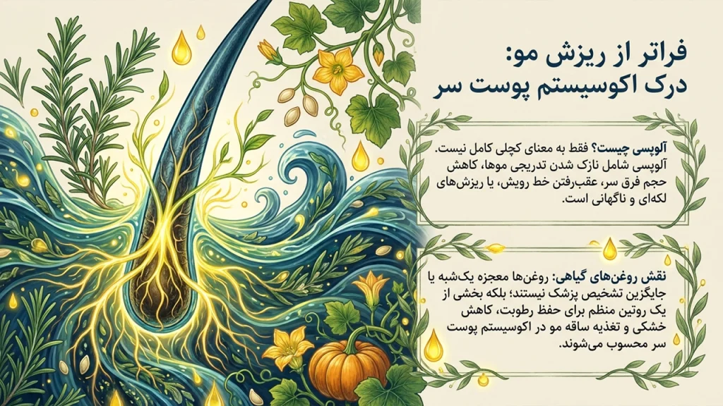 روغنهای گیاهی برای آلوپسی؛ راهنمای کامل استفاده از ۸ روغن برای تقویت پوست سر و کاهش ریزش مو • آبان ۲ام, ۱۴۰۵ بررسی مفهوم آلوپسی و انتخاب بهترین روغن ها برای کنترل آن