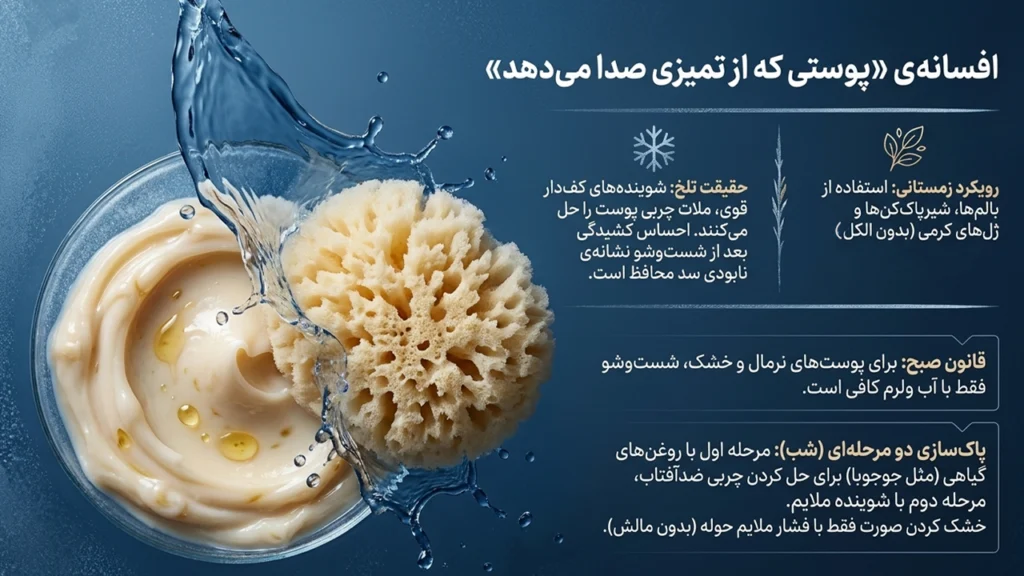 روش صحیح پاکسازی پوست در پاییز و زمستان با شوینده های ملایم و روغن های گیاهی برای جلوگیری از آسیب رساندن به سد دفاعی پوست